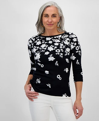 Style & Co Petite Raining Flower Pima Cotton Top, Created for Macy's