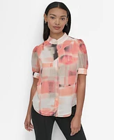 Dkny Petite Chiffon Short-Sleeve Button-Front Blouse