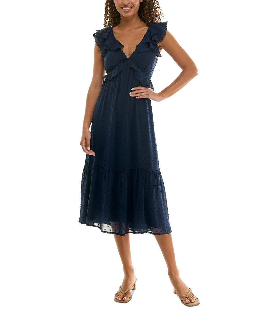 Trixxi Juniors' Clip-Dot Flutter-Sleeve Midi Dress