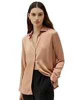 Women's Minimalist Placket Silk Blouse with Shell Buttons