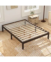 Wood Bed Frame with Wooden Slats Support and Rubber Legs