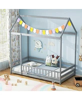 Kids House Bed Wooden Floor with Roof and Full-length