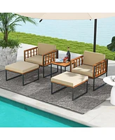 Gymax 5 Pcs Acacia Wood Patio Furniture Set w/ Ottomans Soft Cushions & Coffee Table