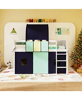 Loft Bed Playhouse Frame with Tower Tent and 3 Storage Pockets