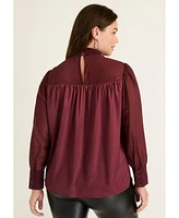 June + Vie Women's Plus Satin Mockneck Blouse