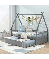 Playful House Bed with Trundle and Secure Guardrail for Children