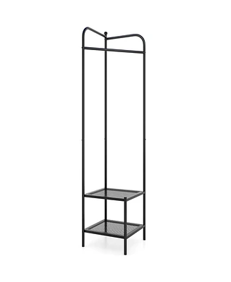 Corner Coat Rack with Top Hanger and 2 Mesh Shelves for Entryway, Hallway, Living Room, or Bedroom Storage