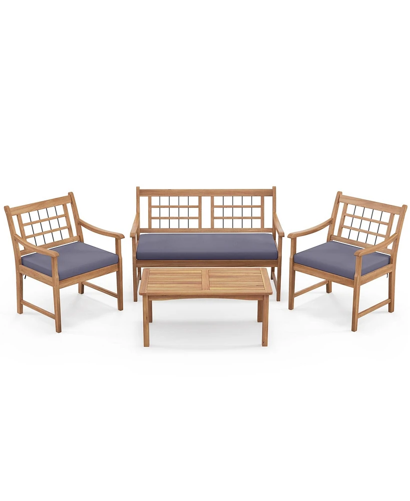 4 Piece Wood Patio Furniture with Armchairs Loveseat and Coffee Table