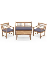 4 Piece Wood Patio Furniture with Armchairs Loveseat and Coffee Table