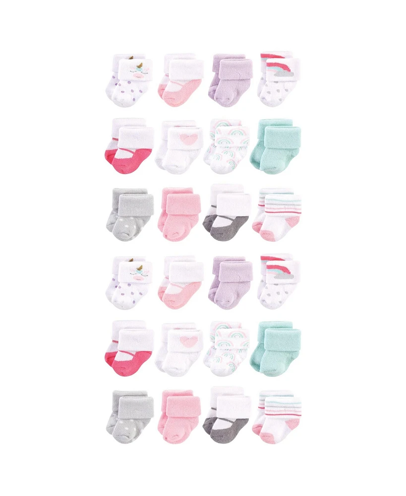 Hudson Baby Cotton Rich Baby Terry Socks 24-Pack, Pink Unicorn, 0-3 Months