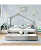 Wooden House Bed with Trundle and Playful Roof Design