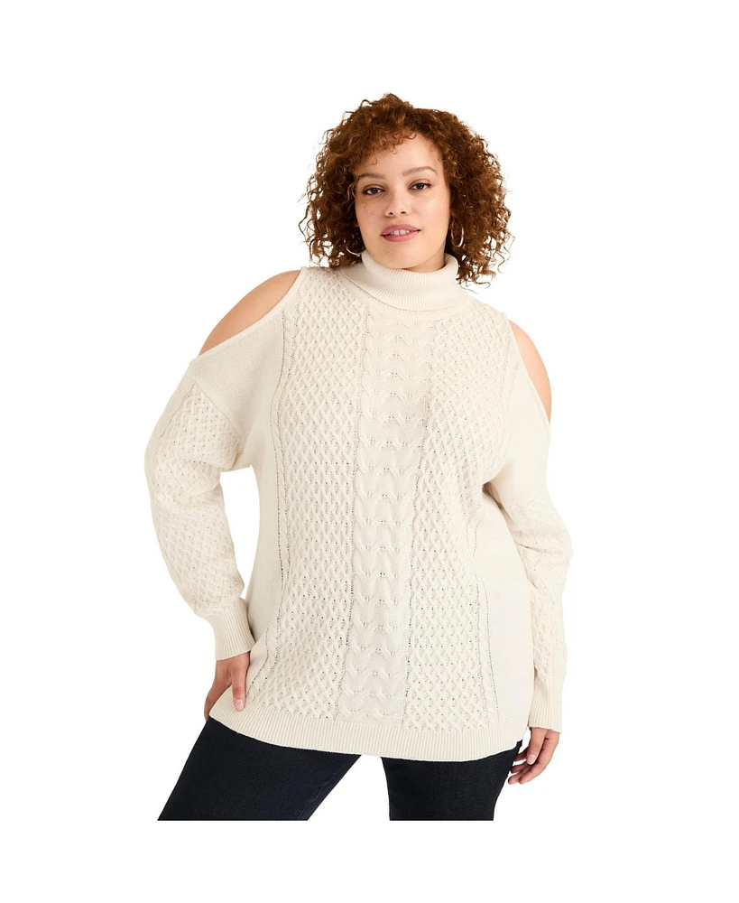 June + Vie Women's Plus Cold-Shoulder Cable-Knit Turtleneck