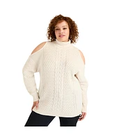 June + Vie Women's Plus Cold-Shoulder Cable-Knit Turtleneck