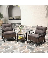 3 Pcs Patio Rocker Set with 2-Tier Coffee Table & Soft Seat Back Cushions Outdoor