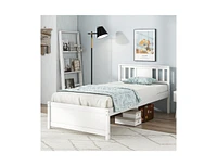 Wooden Platform Bed with Headboard Wood Slat Support