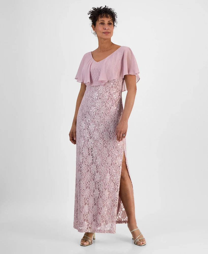 Connected Sequined Lace Chiffon Overlay Gown
