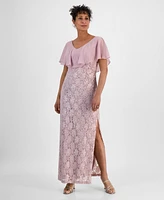 Connected Sequined Lace Chiffon Overlay Gown