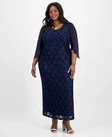 Connected Plus Sheer-Sleeve Lace Gown