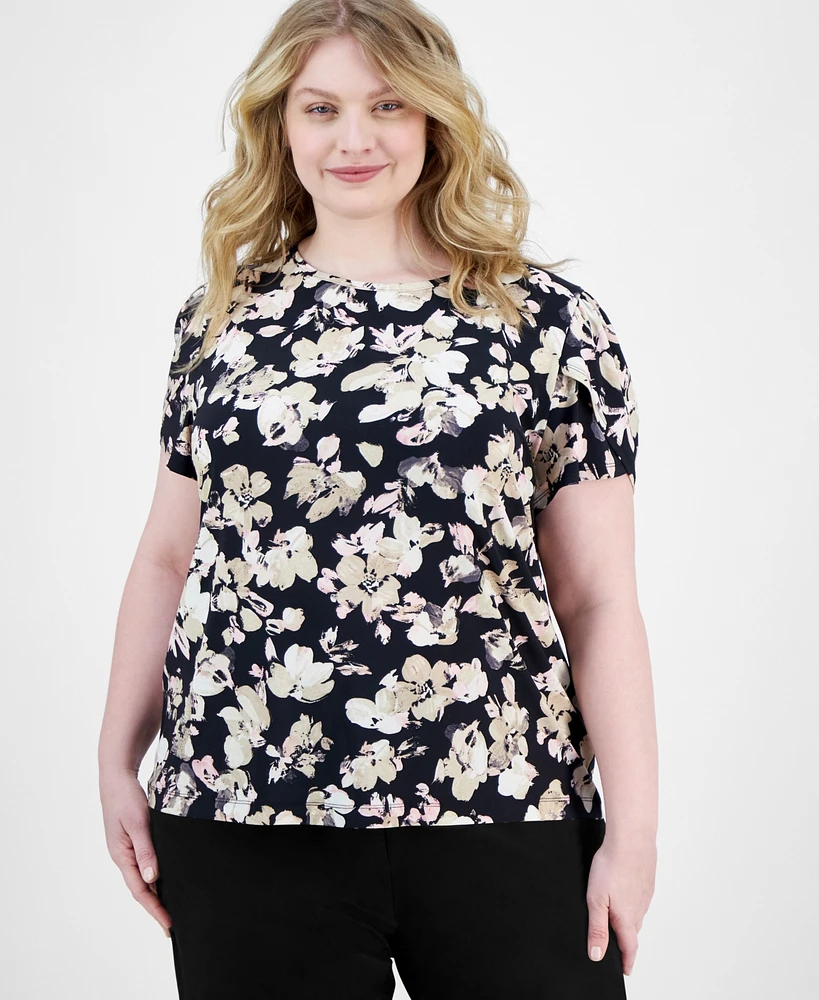 Ak Anne Klein Plus Floral-Print Short-Sleeve Top