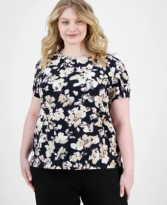 Ak Anne Klein Plus Floral-Print Short-Sleeve Top