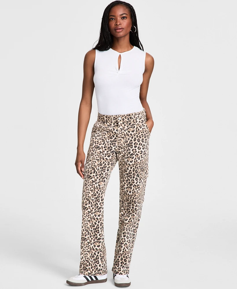 Bar Iii Women's Cheetah Print Cargo Jeans, Exclusively at Macy's