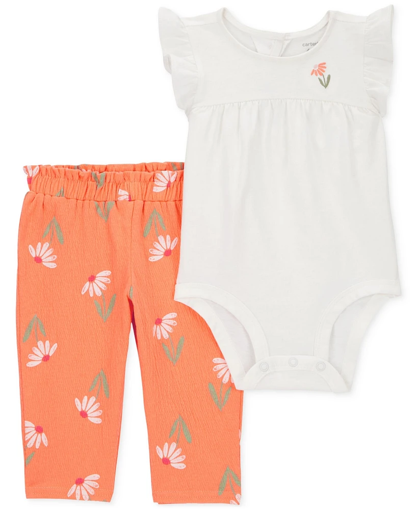 Carter's Baby Girls Cotton Flutter-Sleeve Bodysuit & Floral-Print Pants, 2 Piece Set