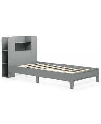 Wooden Platform Bed Frame with Bookcase Headboard