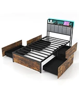 Bed Frame with Led Lights Upholstered Headboard and 4 Storage Drawers