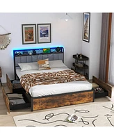 Bed Frame with Led Lights Upholstered Headboard 4 Storage Drawers