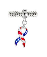 Bling Jewelry Patriotic Usa Flag Ribbon Dangle Charm Bead Enamel Silver for European Bracelet