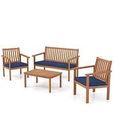 4 Piece Patio Wood Furniture Set Acacia Wood Sofa Set with Loveseat