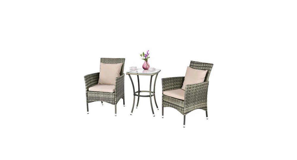 3 Pieces Patio Rattan Chairs and Table Set with Cushions