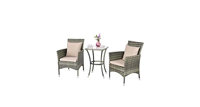 3 Pieces Patio Rattan Chairs and Table Set with Cushions