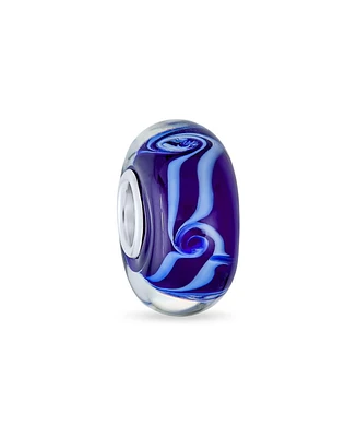 Bling Jewelry Glass Charm Bead Ocean Wave Swirl Murano Blue for European Bracelet Silver Core