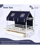 Kids House Bed with Canopy Tent and Built-In Storage Drawers
