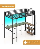 Loft Bed Raised Platform Bed with Desk and 2 Storage Shelves