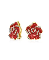 Bling Jewelry Pink Red Enamel Flower Crystal Edge Clip-On Earrings 14K Gold Plated Non-Pierced