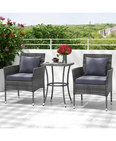 Gymax 3-Piece Patio Furniture Set Pe Wicker Conversation Bistro w/ A Tempered Glass Table