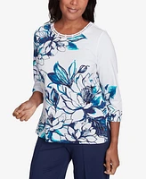 Alfred Dunner Women's Nantucket Fineline Floral Three Quarter Sleeve Top