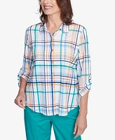 Alfred Dunner Women's Nantucket Plaid Knit Button Front Top