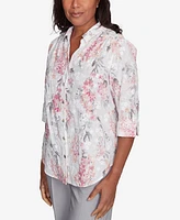 Alfred Dunner Women's Estate of Mind Collared Button Front Hydrangea Top