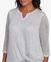 Alfred Dunner Women's Estate of Mind Sequin Beaded Split Neck Top