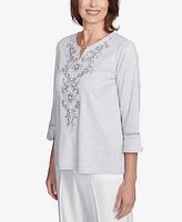 Alfred Dunner Women's Estate of Mind Embroidered Scroll Bell Sleeve Top