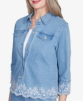 Alfred Dunner Women's Flower Power Denim Floral Embroidered Jacket