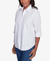 Alfred Dunner Women's Flower Power Studded Button Down Top