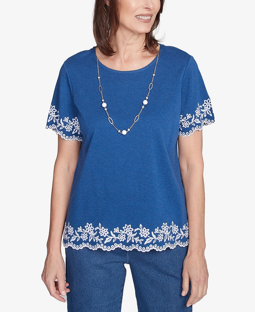 Alfred Dunner Women's Flower Power Border Embroidery Top with Necklace