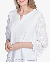 Alfred Dunner Women's Flower Power Floral Embroidered Eyelet Trim Top