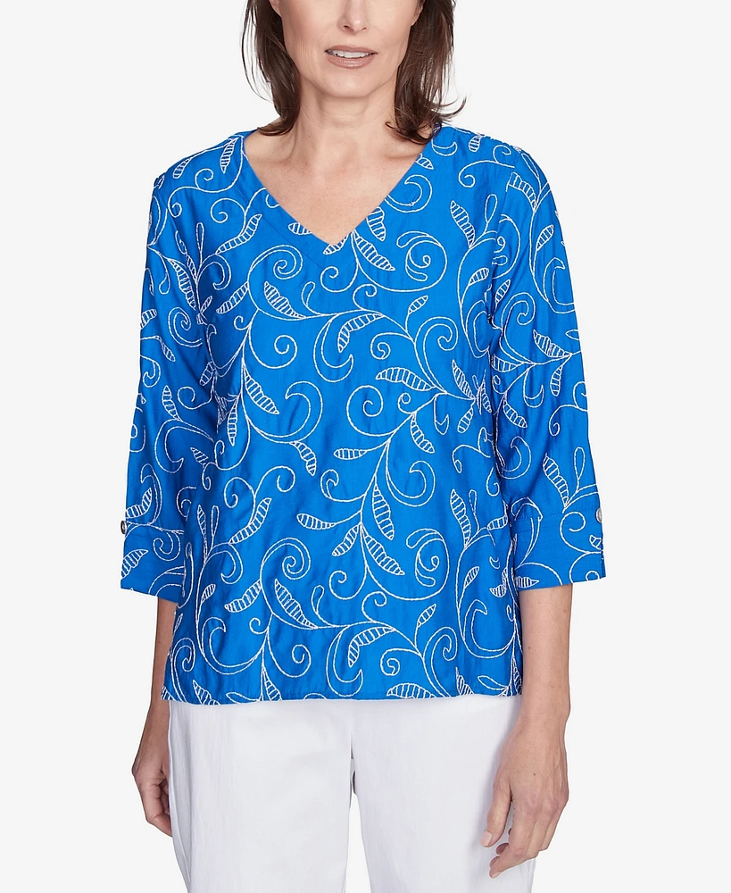 Alfred Dunner Women's Parrot Cay Scroll Embroidered Cuff Sleeve Top