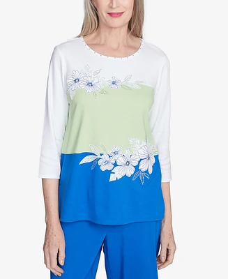 Alfred Dunner Women's Parrot Cay Tropical Colorblock Floral Top