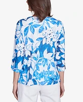 Alfred Dunner Women's Parrot Cay Monotone Cobalt Floral Top